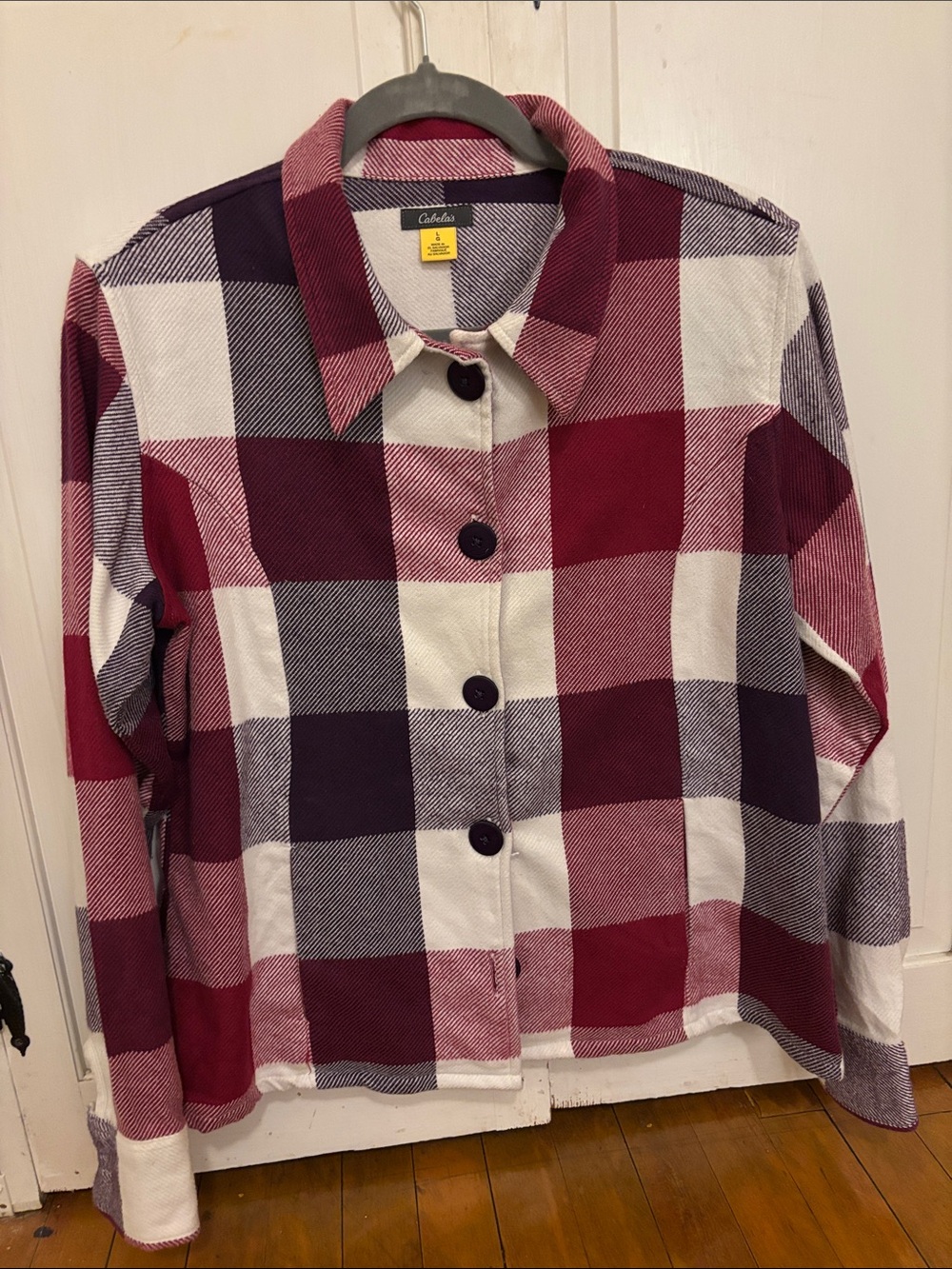 Cabelas Women’s Plaid Button-Front Jacket in Burgundy, White & Purple me